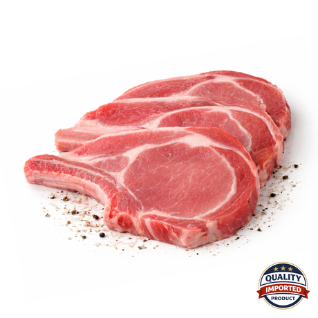 Raw pork chops with a 'Quality Imported Product' label on a white background