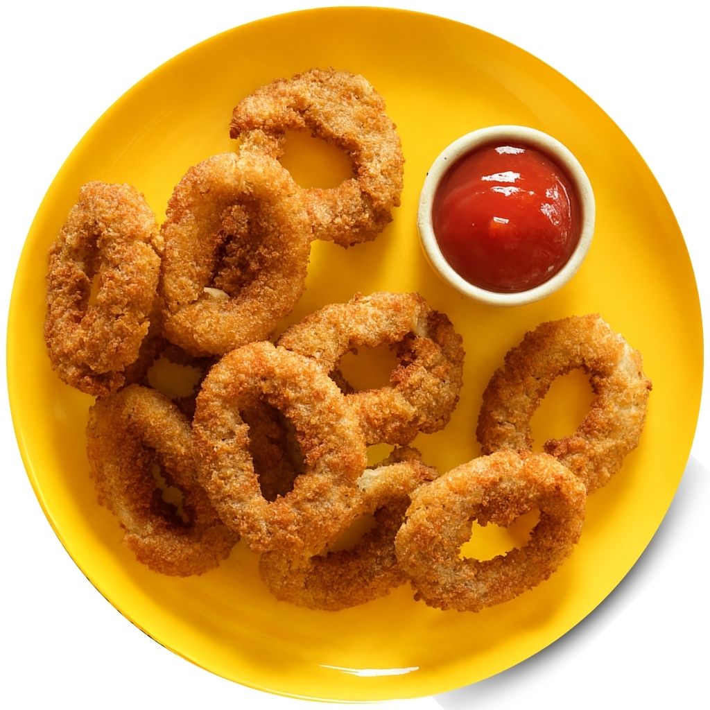 Prime Range Fresh Breaded onion rings on a yellow plate with a side of ketchup.